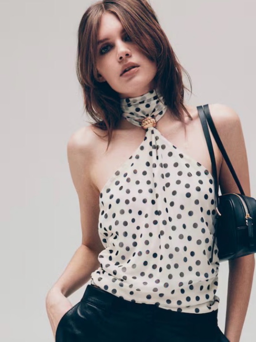 H&M MESH HALTERNECK TOP CREAM/POLKA DOT